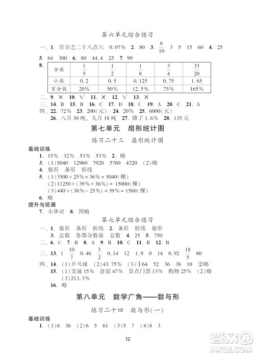 广州出版社2023年秋阳光学业评价六年级数学上册人教版参考答案