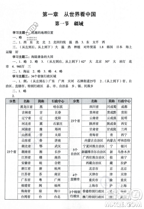 广州出版社2023年秋阳光学业评价八年级地理上册人教版答案