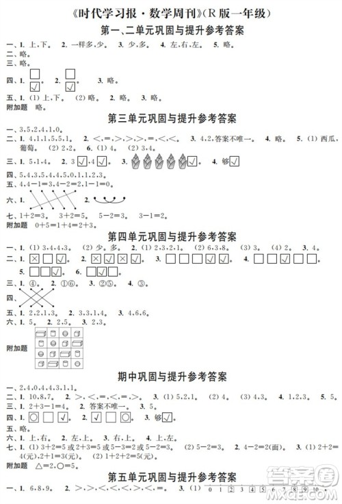 时代学习报数学周刊2023年秋一年级上册巩固与提升人教版参考答案