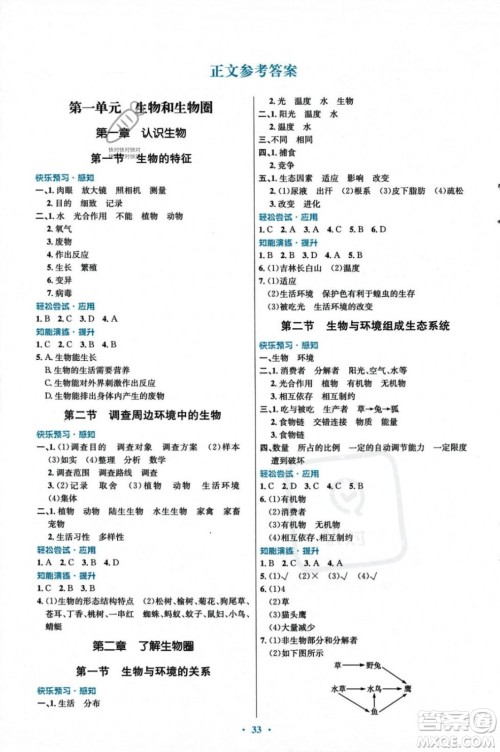人民教育出版社2023年秋初中同步测控优化设计七年级生物学上册人教版福建专版答案 人民教育出版社2023年秋初中同步测控优化设计七年级生物学上册人教版福建专版答案