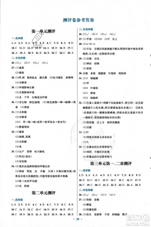 人民教育出版社2023年秋初中同步测控优化设计七年级生物学上册人教版福建专版答案 人民教育出版社2023年秋初中同步测控优化设计七年级生物学上册人教版福建专版答案