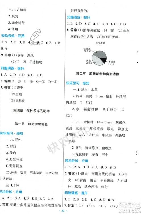 人民教育出版社2023年秋初中同步测控优化设计七年级生物学上册冀少版福建专版答案