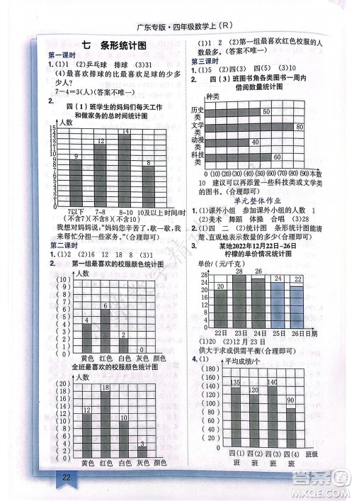 龙门书局2023年秋黄冈小状元作业本四年级数学上册人教版广东专版参考答案