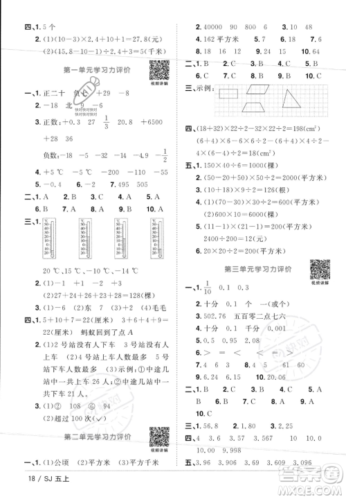 江西教育出版社2023年秋阳光同学课时优化作业五年级数学上册苏教版答案