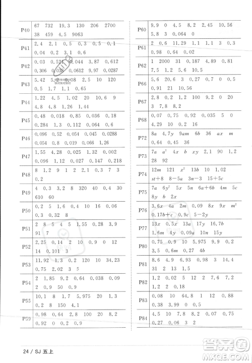 江西教育出版社2023年秋阳光同学课时优化作业五年级数学上册苏教版答案