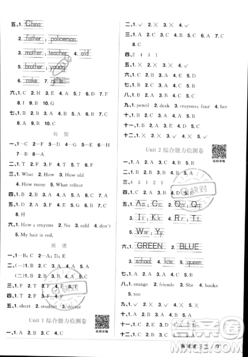 江西教育出版社2023年秋阳光同学课时优化作业三年级英语上册冀教版答案