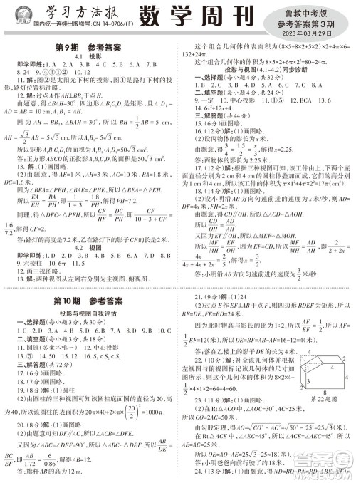 2023年秋学习方法报数学周刊九年级上册鲁教版中考专版第3期参考答案