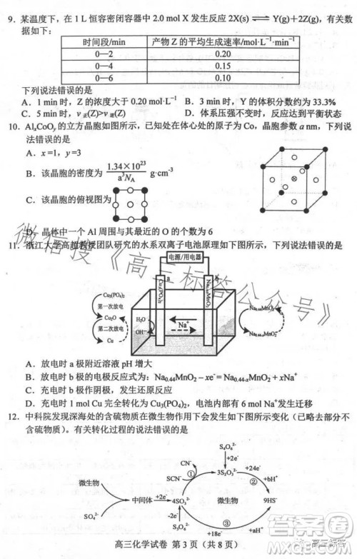 2024届河北唐山高三上学期摸底演练化学试题答案
