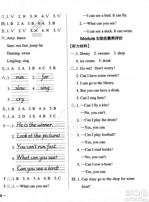 辽宁教育出版社2023年秋PASS小学学霸作业本三年级英语上册外研版一起点答案