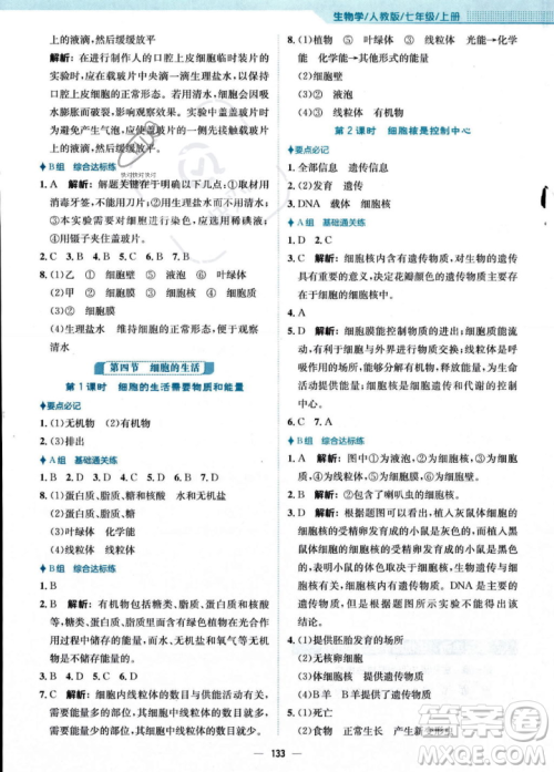 安徽教育出版社2023年秋新编基础训练七年级生物学上册人教版答案