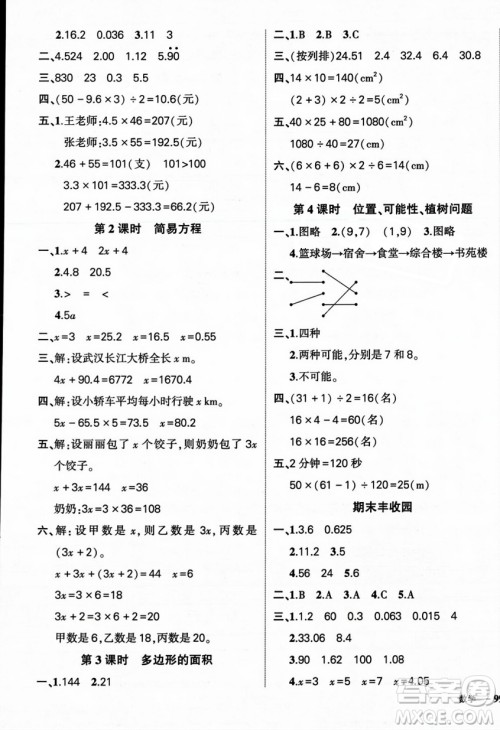 武汉出版社2023年秋状元成才路创优作业100分五年级数学上册人教版浙江专版答案