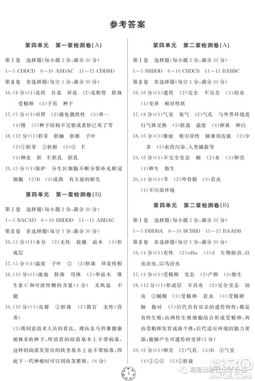 山东人民出版社2023年秋同步练习册分层检测卷八年级生物学全册六三制人教版参考答案