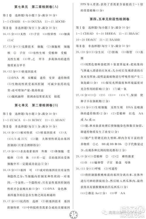 山东人民出版社2023年秋同步练习册分层检测卷八年级生物学全册六三制人教版参考答案
