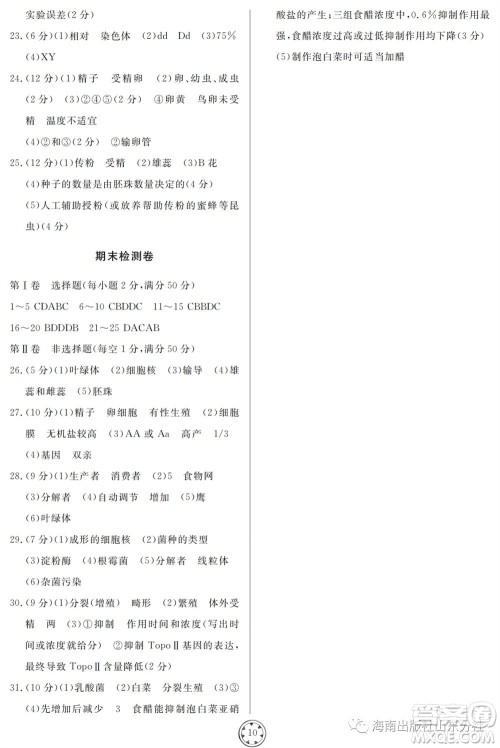 山东人民出版社2023年秋同步练习册分层检测卷八年级生物学全册六三制人教版参考答案