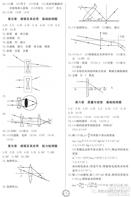 山东人民出版社2023年秋同步练习册分层检测卷八年级物理上册人教版参考答案