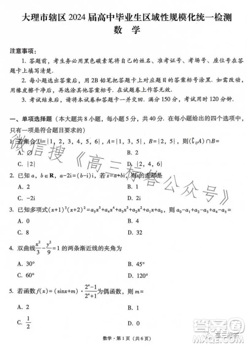 大理市辖区2024届高中毕业生区域性规模化统一检测数学试卷答案