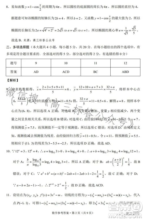 大理市辖区2024届高中毕业生区域性规模化统一检测数学试卷答案