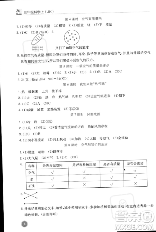 龙门书局2023年秋黄冈小状元作业本三年级科学上册教科版答案