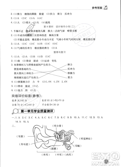 龙门书局2023年秋黄冈小状元作业本四年级科学上册教科版答案