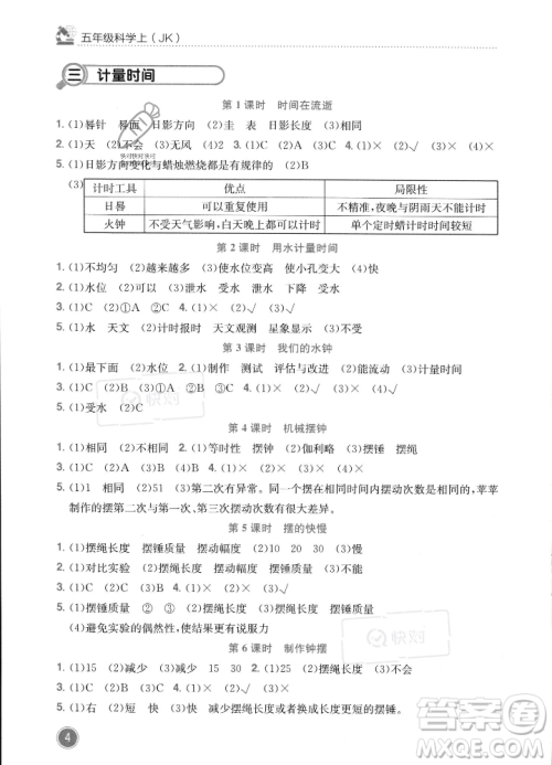 龙门书局2023年秋黄冈小状元作业本五年级科学上册教科版答案