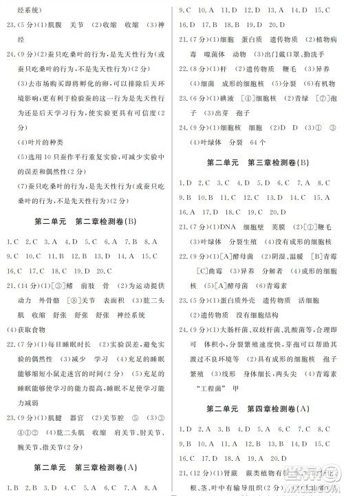 山东人民出版社2023年秋同步练习册分层检测卷七年级生物上册人教版参考答案 山东人民出版社2023年秋同步练习册分层检测卷七年级生物上册人教版参考答案