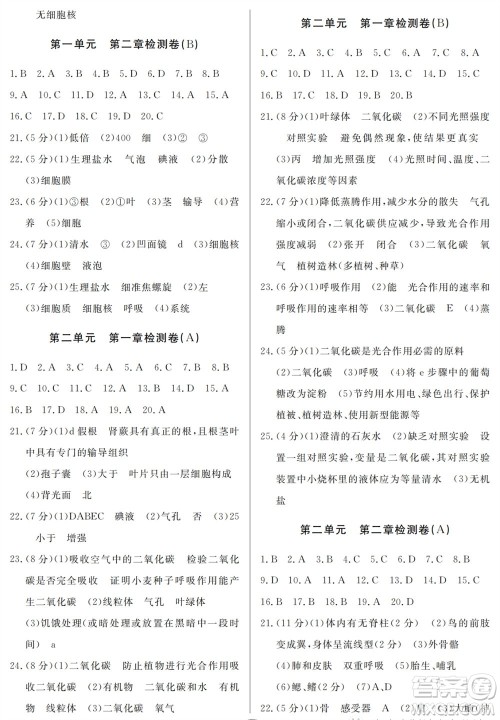 山东人民出版社2023年秋同步练习册分层检测卷七年级生物上册人教版参考答案