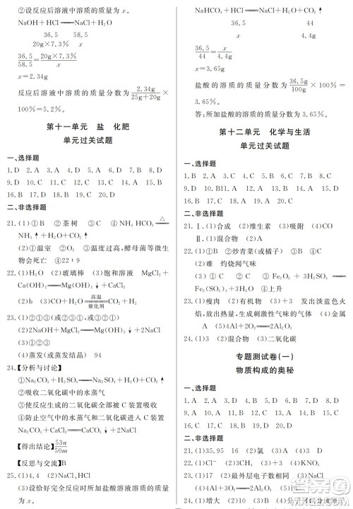山东人民出版社2023年秋同步练习册分层检测卷九年级化学全册人教版参考答案 山东人民出版社2023年秋同步练习册分层检测卷九年级化学全册人教版参考答案