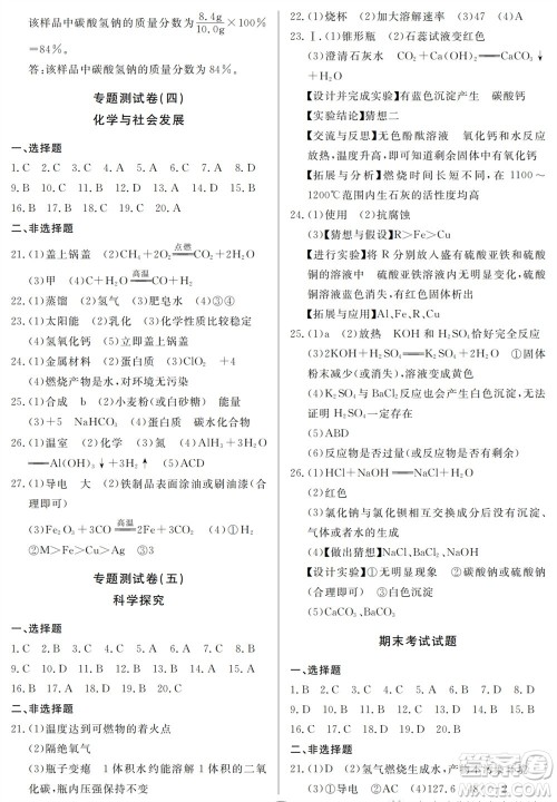 山东人民出版社2023年秋同步练习册分层检测卷九年级化学全册人教版参考答案