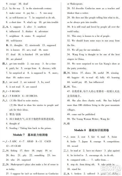 山东人民出版社2023年秋同步练习册分层检测卷九年级英语上册人教版参考答案