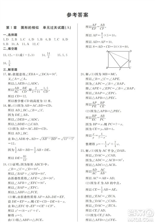 山东人民出版社2023年秋同步练习册分层检测卷九年级数学上册人教版参考答案