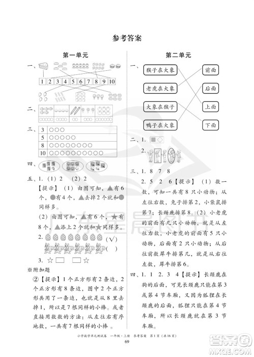 华南理工大学出版社2023年秋小学数学单元测试卷一年级上册人教版参考答案