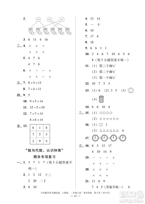 广东人民出版社2023年秋小学数学单元测试卷一年级上册人教版佛山专版参考答案