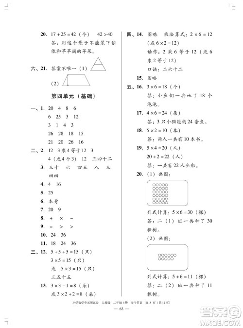 广东人民出版社2023年秋小学数学单元测试卷二年级上册人教版佛山专版参考答案