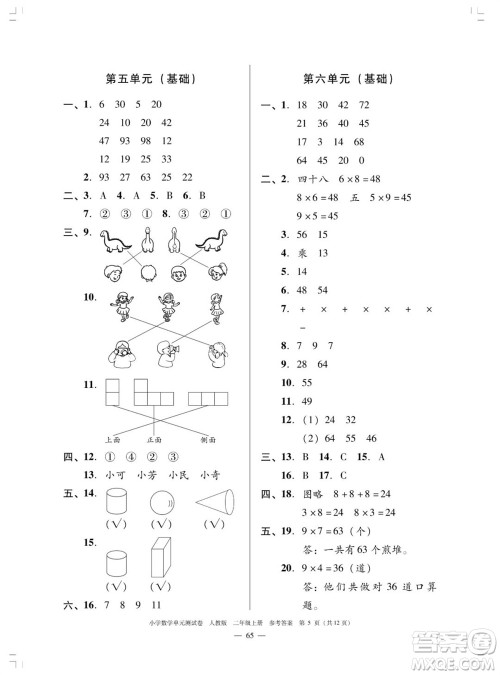 广东人民出版社2023年秋小学数学单元测试卷二年级上册人教版佛山专版参考答案