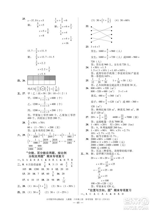 广东人民出版社2023年秋小学数学单元测试卷六年级上册人教版佛山专版参考答案