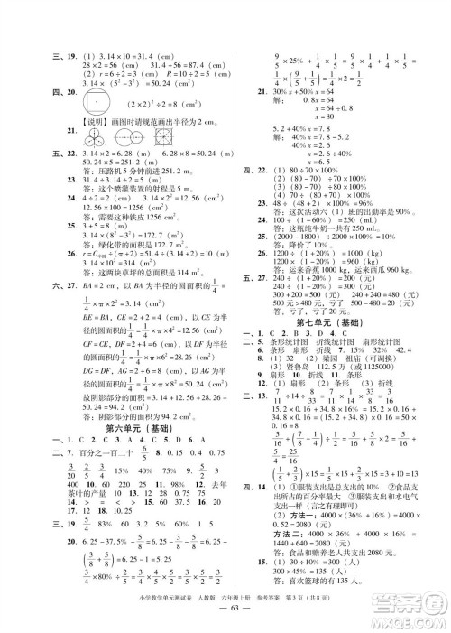 广东人民出版社2023年秋小学数学单元测试卷六年级上册人教版佛山专版参考答案