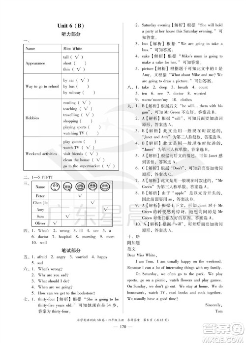 华南理工大学出版社2023年秋小学英语测试AB卷六年级上册人教版佛山专版参考答案 华南理工大学出版社2023年秋小学英语测试AB卷六年级上册人教版佛山专版参考答案