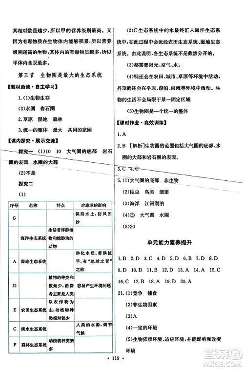 人民教育出版社2023年秋能力培养与测试七年级生物上册人教版答案