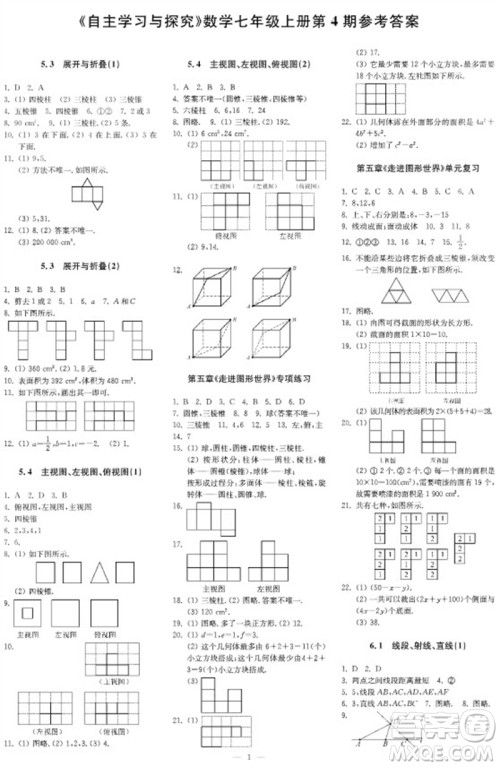 2023年秋时代学习报自主学习与探究七年级数学上册第4期参考答案