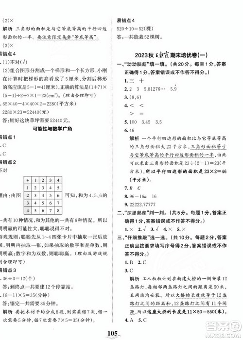 江西人民出版社2023年秋王朝霞培优100分五年级数学上册人教版答案