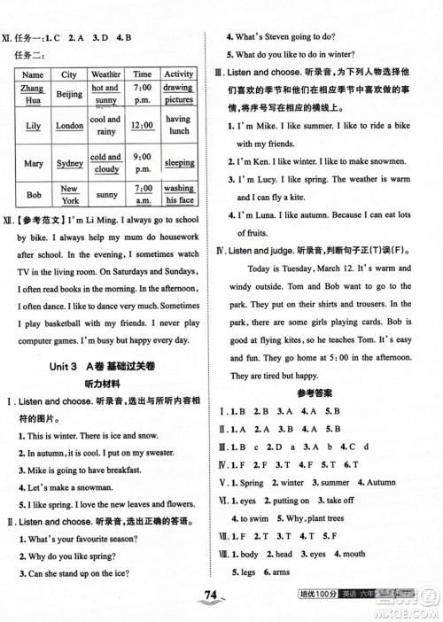 江西人民出版社2023年秋王朝霞培优100分六年级英语上册冀教版答案