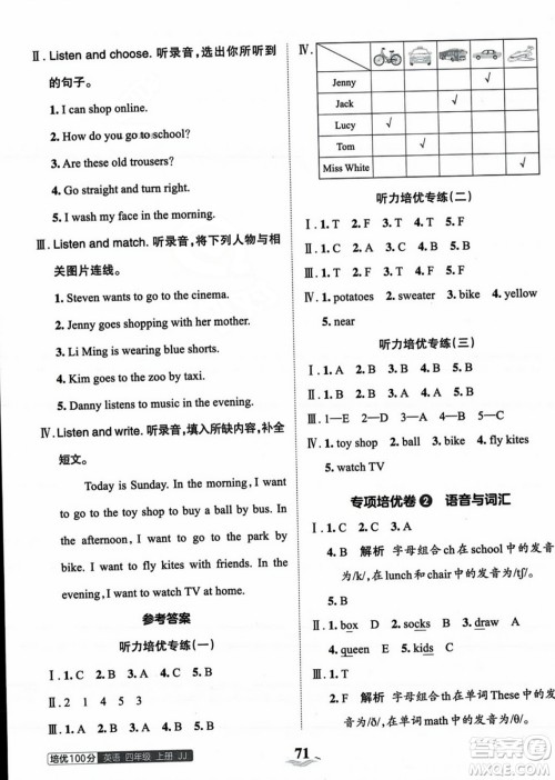 江西人民出版社2023年秋王朝霞培优100分四年级英语上册冀教版答案