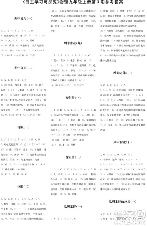 2023年秋时代学习报自主学习与探究九年级物理上册第3期参考答案 2023年秋时代学习报自主学习与探究九年级物理上册第3期参考答案