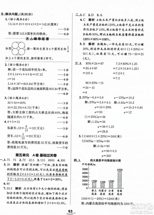 江西人民出版社2023年秋王朝霞培优100分六年级数学上册冀教版答案