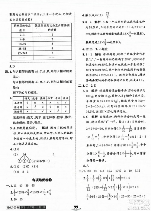 江西人民出版社2023年秋王朝霞培优100分六年级数学上册冀教版答案