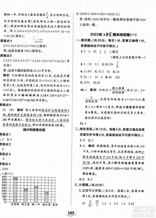 江西人民出版社2023年秋王朝霞培优100分六年级数学上册冀教版答案