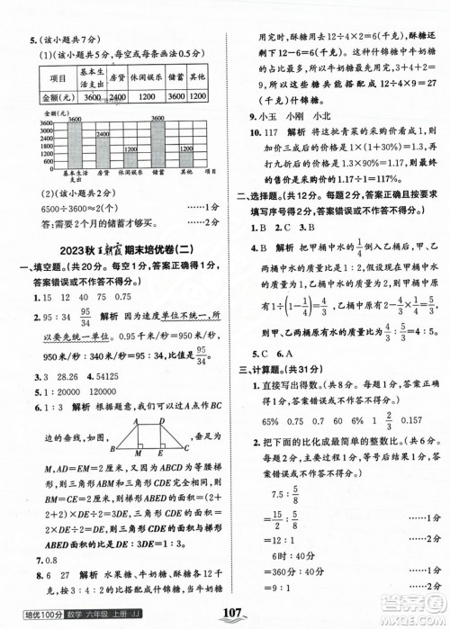 江西人民出版社2023年秋王朝霞培优100分六年级数学上册冀教版答案