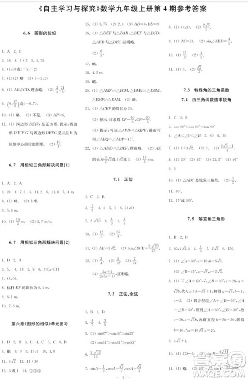 2023年秋时代学习报自主学习与探究九年级数学上册第4期参考答案