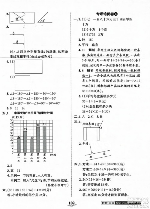 江西人民出版社2023年秋王朝霞培优100分四年级数学上册冀教版答案