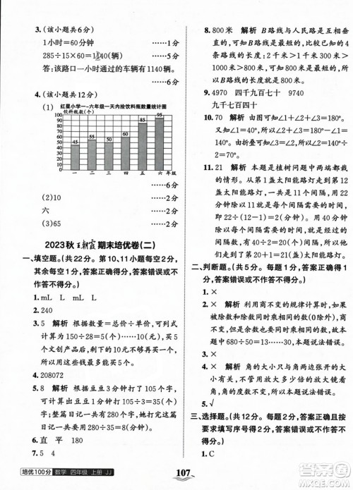 江西人民出版社2023年秋王朝霞培优100分四年级数学上册冀教版答案